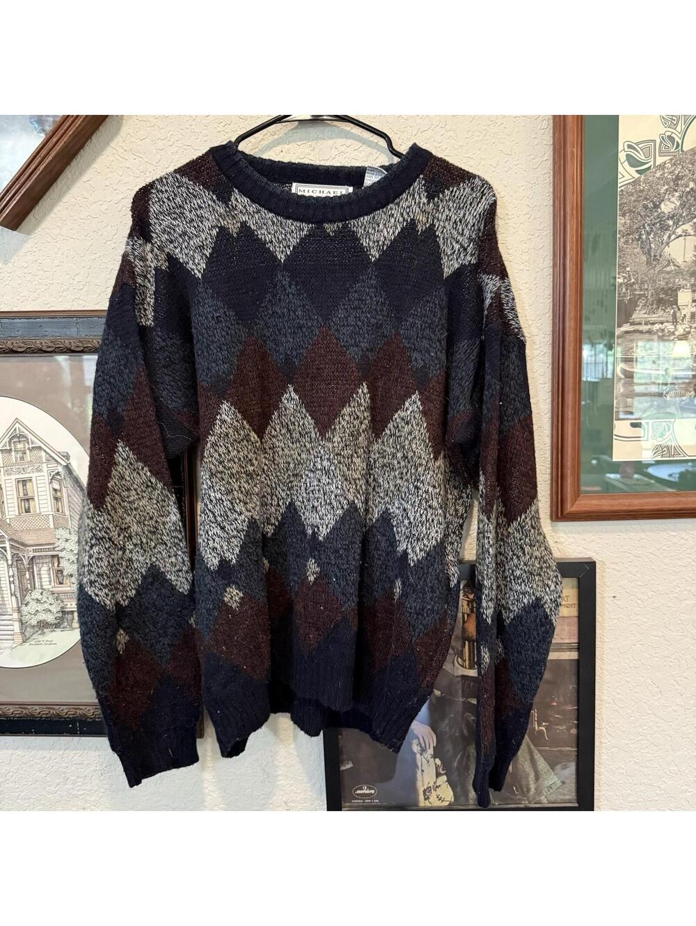 Vintage 90s Michael Gerald Sweater Argyle Diamond Multicolor Preppy Size XL
